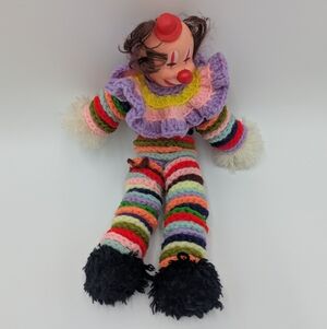 Vintage Crochet Clown Doll Multicolor Rainbow Stripped Fuzzy Feet Kitsch